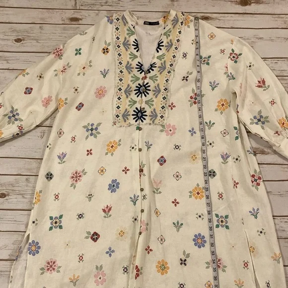 ZARA Oversized Linen Blend Floral Print MIDI Kaftan Dress White Large - Picture 5 of 13
